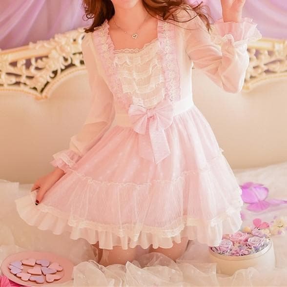 S/M/L Pink Sweet Bowknot Lace Chiffon Dress SP165142
