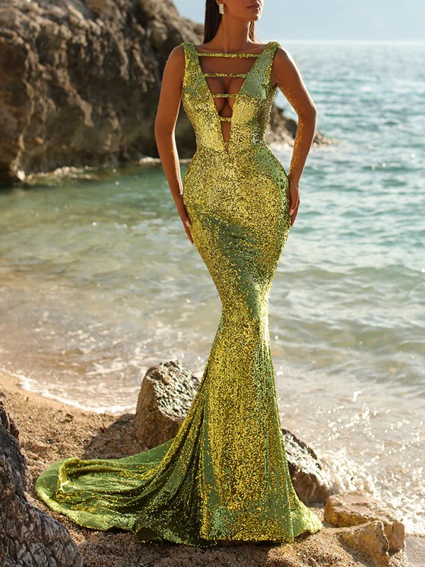 Backless Sequined Solid Color Sleeveless Wrap Spaghetti-Neck Maxi Dresses