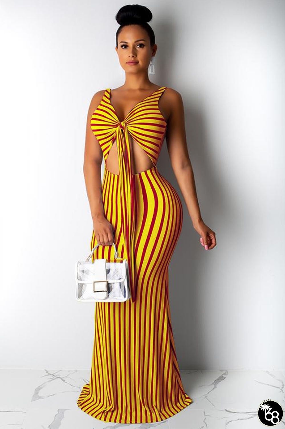 Red and yellow Fashion Sexy Spaghetti Strap Sleeveless Slip Mermaid Floor-Length Striped bandage asymmetr | 168DEAL