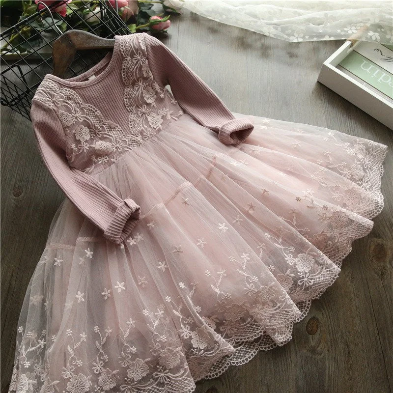 Winter Long Sleeve Girls Casual Dress Flower Embroidery Kids Princess Dresses For Wedding Party Childern Christmas Lace Vestidos