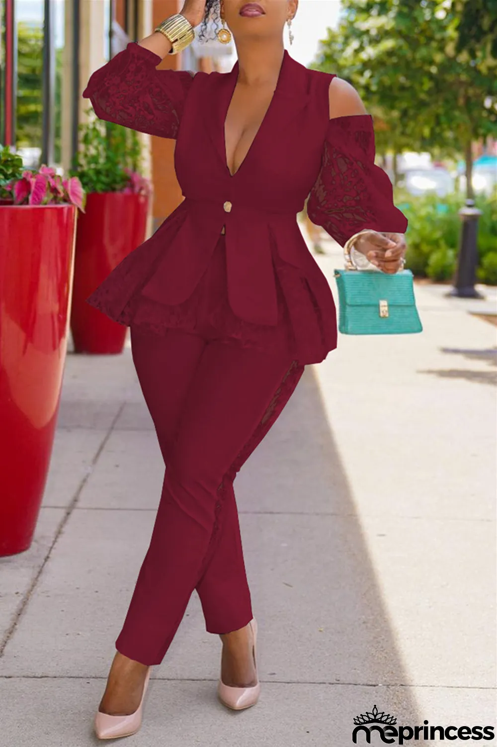 White Fashion Casual Patchwork Hollowed Out Turndown Collar Long Sleeve Two Pieces