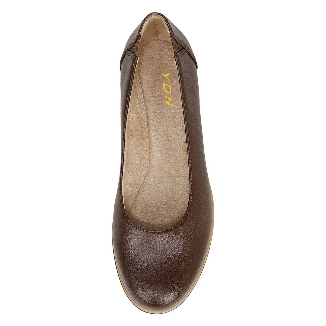 Brown Faux Leather Closed Round Toe Slip On Flat Shoes for Women