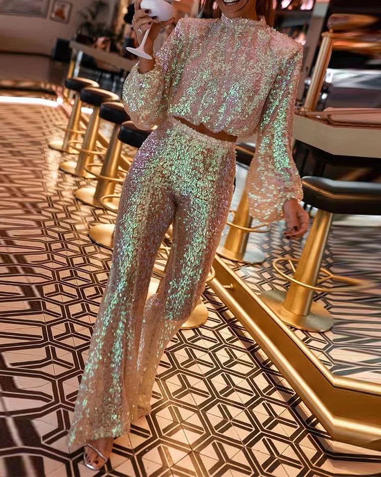 Sexy Patchwork Sequins Half A Turtleneck Long Sleeve Two Pieces