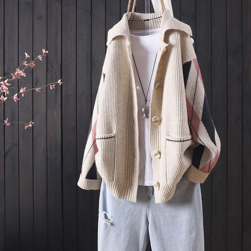 2021 Spring and Autumn New Products Loose Lapel Button Knit Cardigan Women's Diamond Plaid Fashion Casual Sweater Jacket