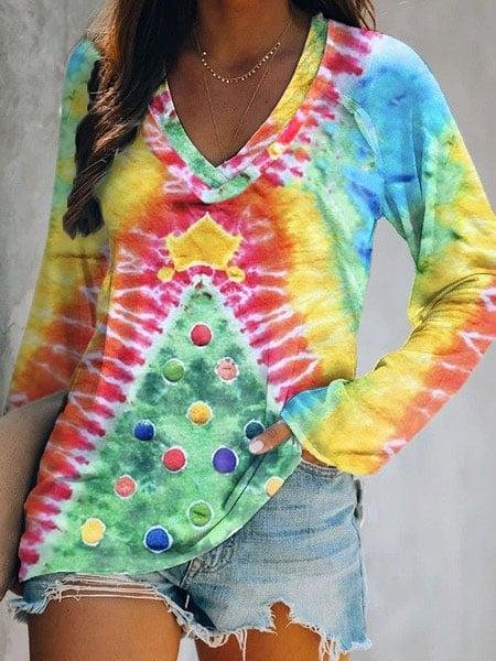 Women's Tie Dye Christmas Tree Print V-Neck Casual T-Shirt