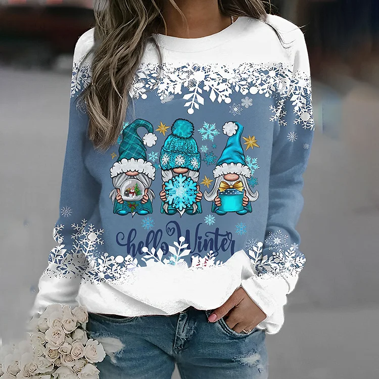 VChics Hello Winter Gnomes Snowflake Long Sleeve Sweatshirt