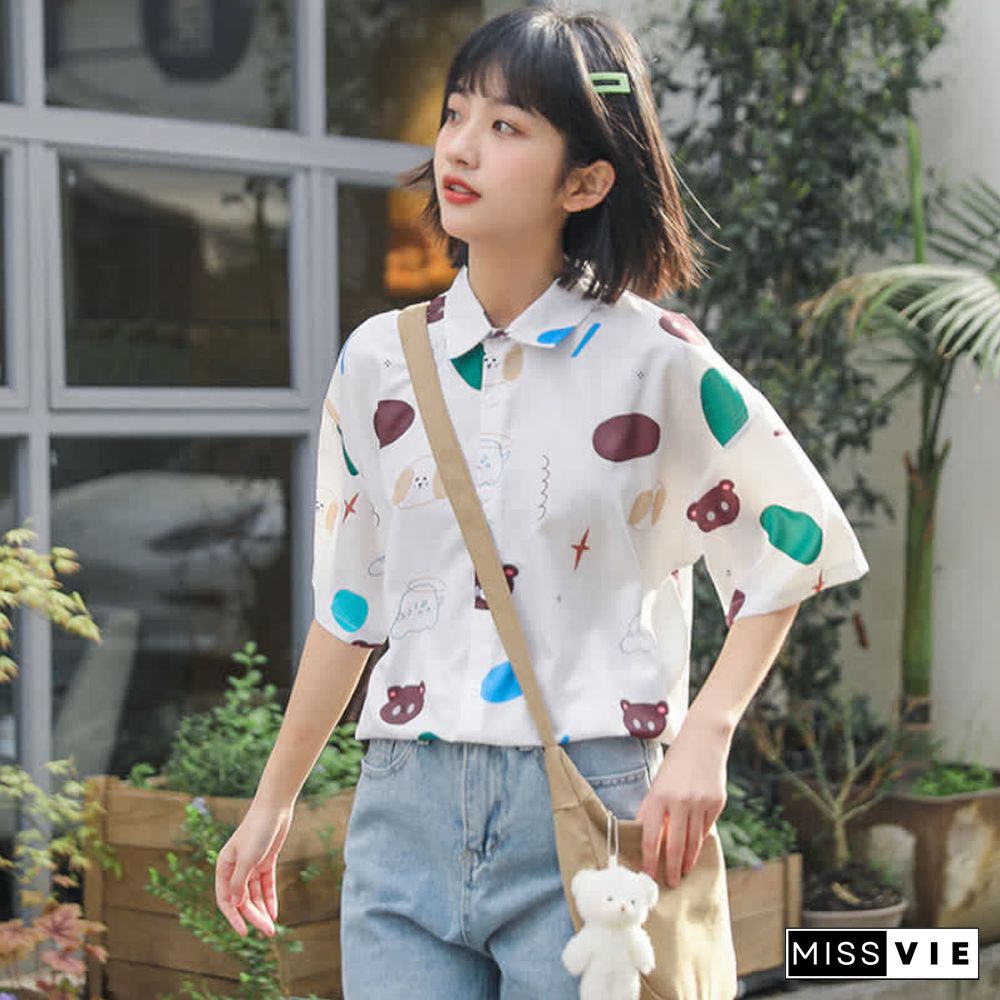 Cartoon Bear Print Lapel Casual T-Shirt