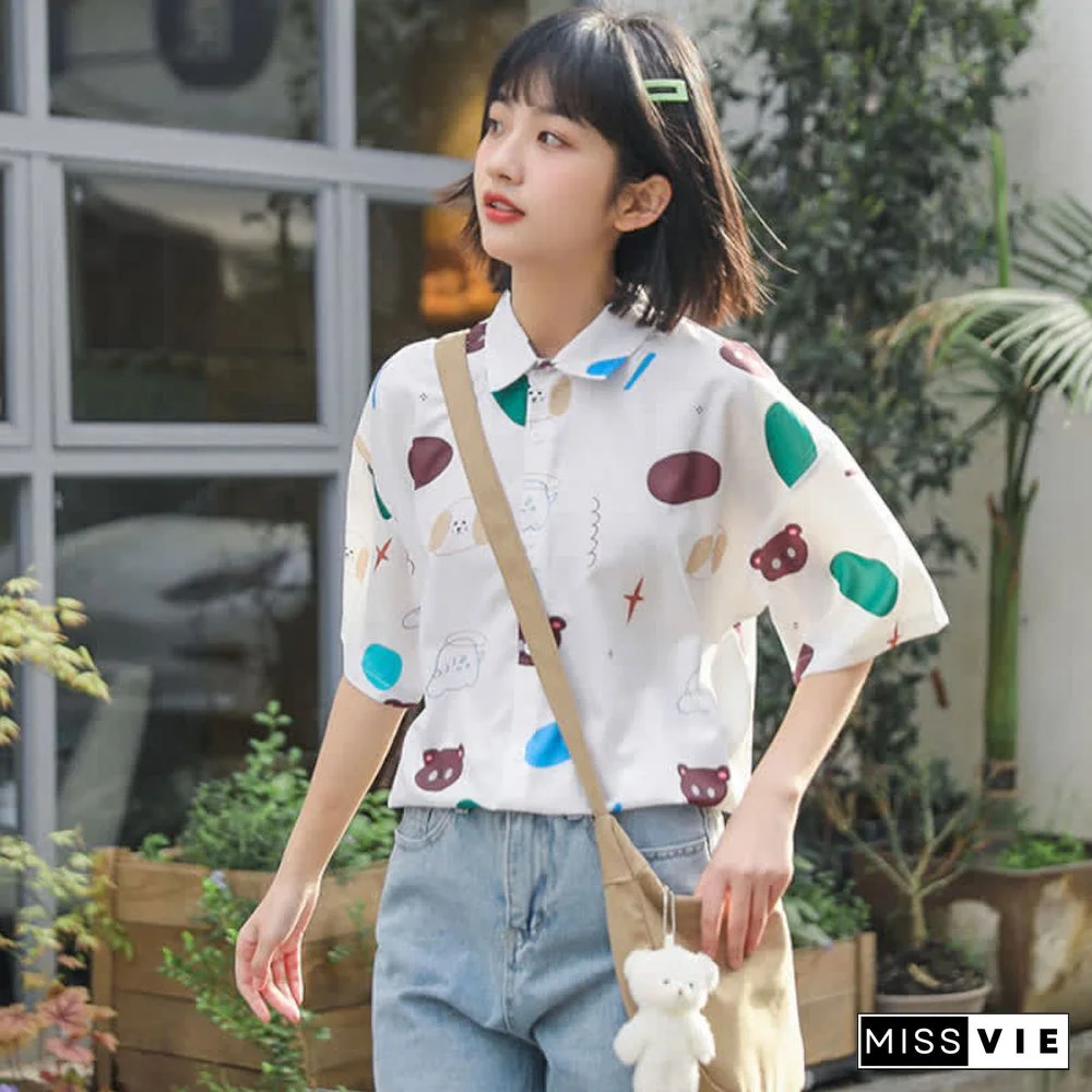 Cartoon Bear Print Lapel Casual T-Shirt