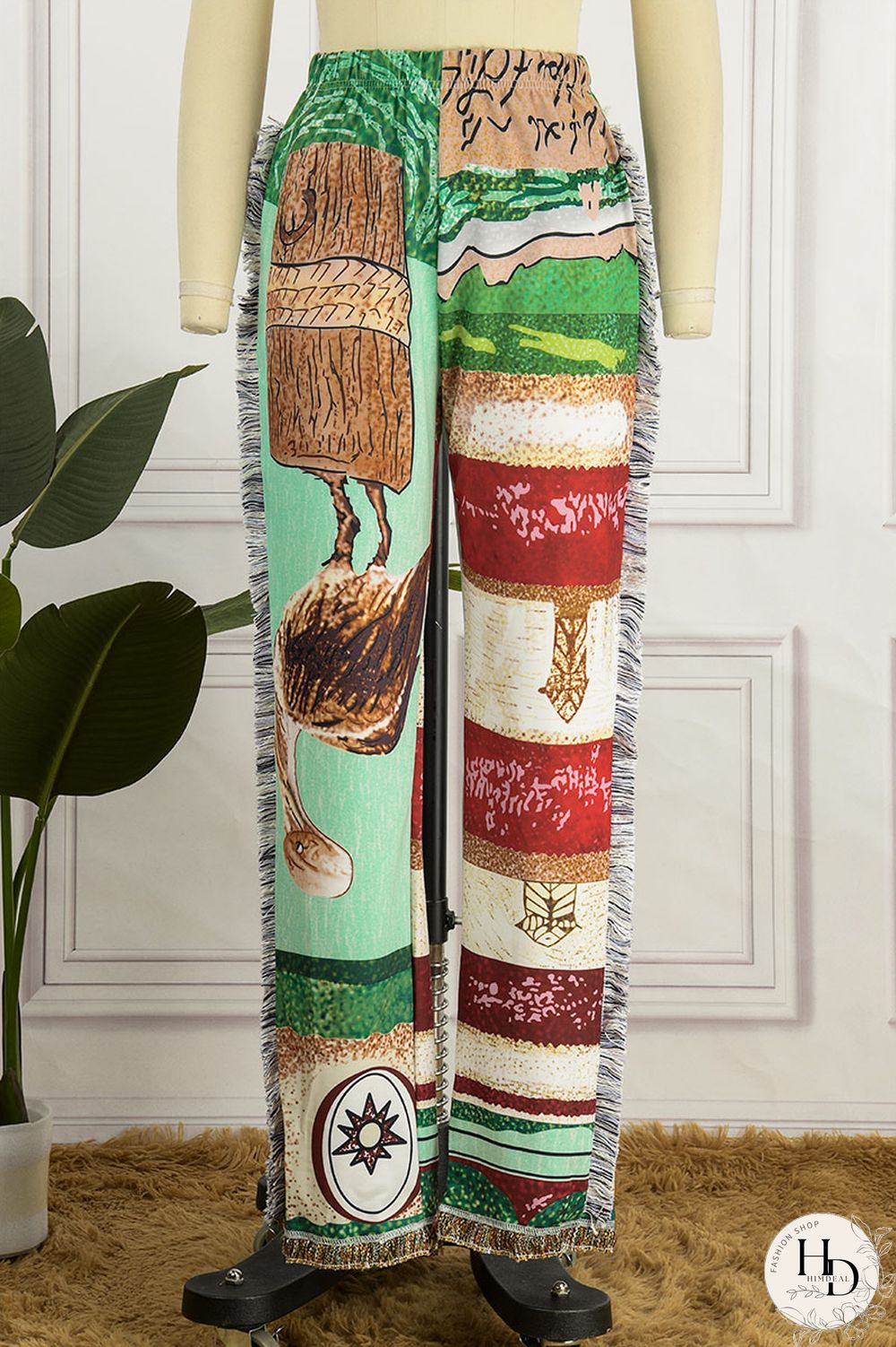 Sky Blue Casual Print Tassel Patchwork Regular High Waist Conventional Full Print Trousers