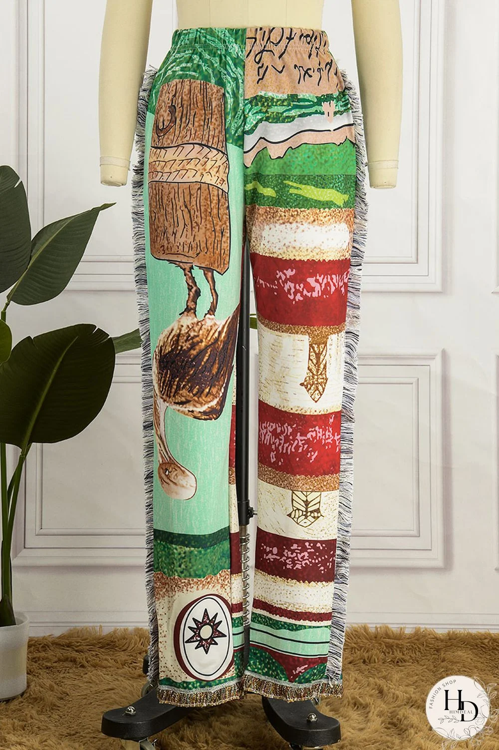 Sky Blue Casual Print Tassel Patchwork Regular High Waist Conventional Full Print Trousers