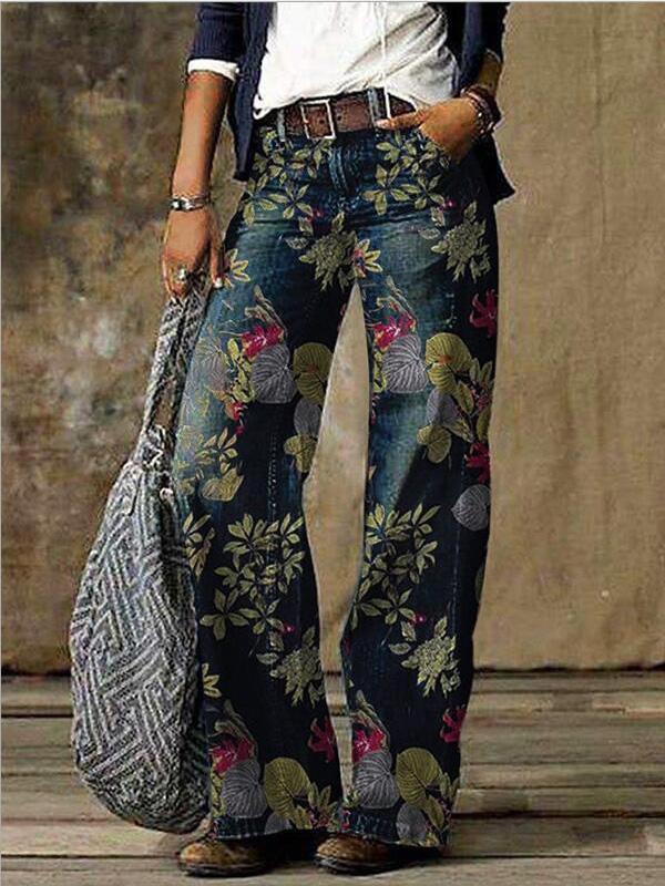 Jeans Floral Print Casual Wide-Leg Jeans for Women