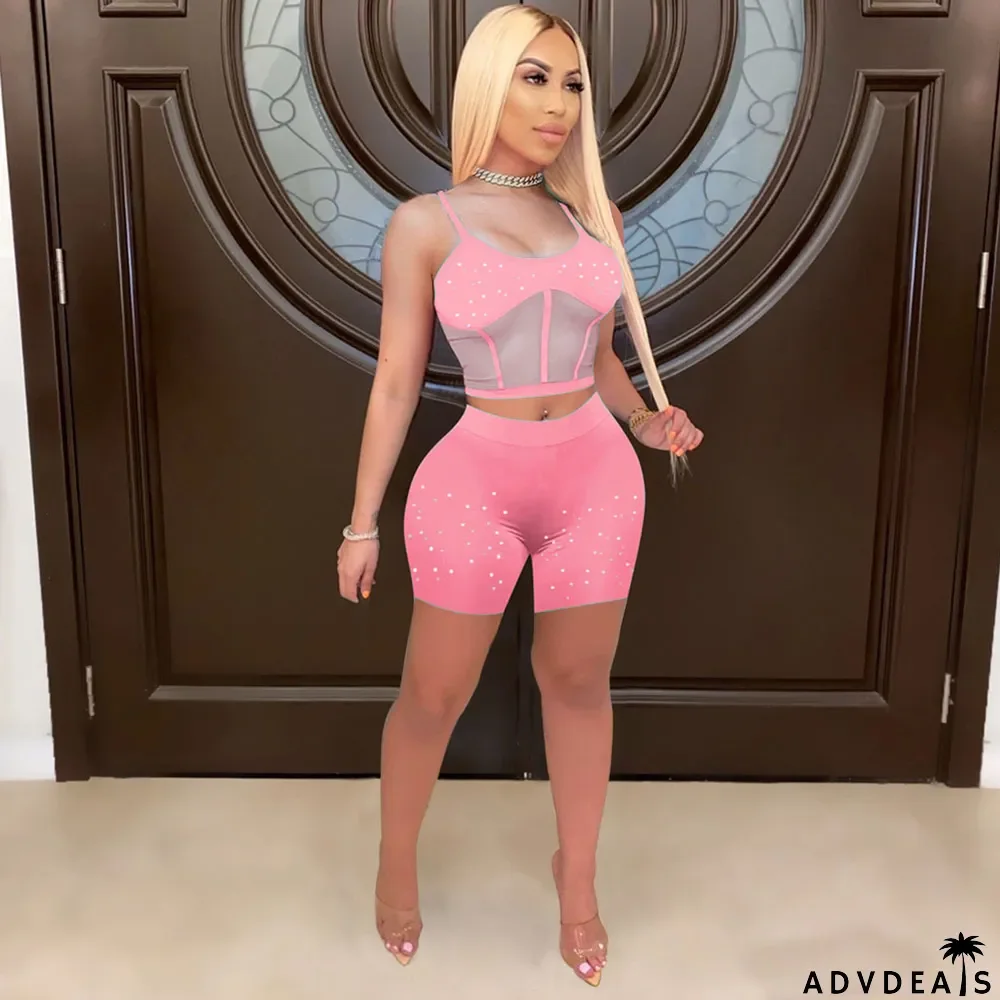 Solid Color Stitching Mesh Top Camisole Suit