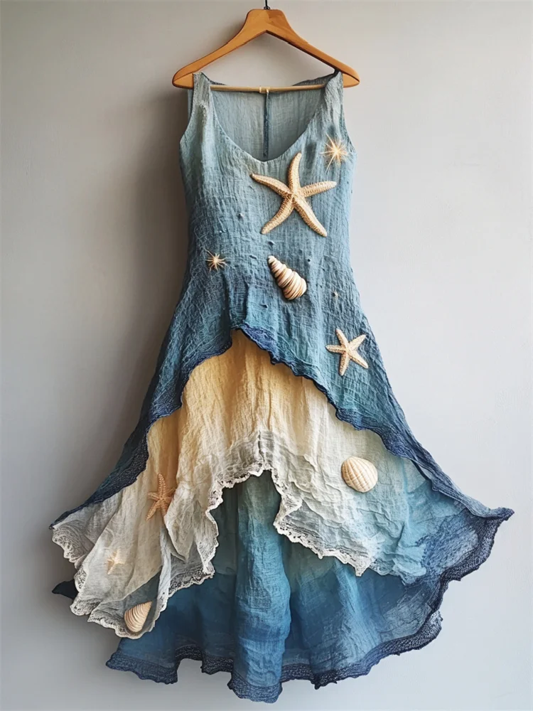 Starfish & Sea Shells Embroidered Sea Waves Layered Flowy Linen Dress