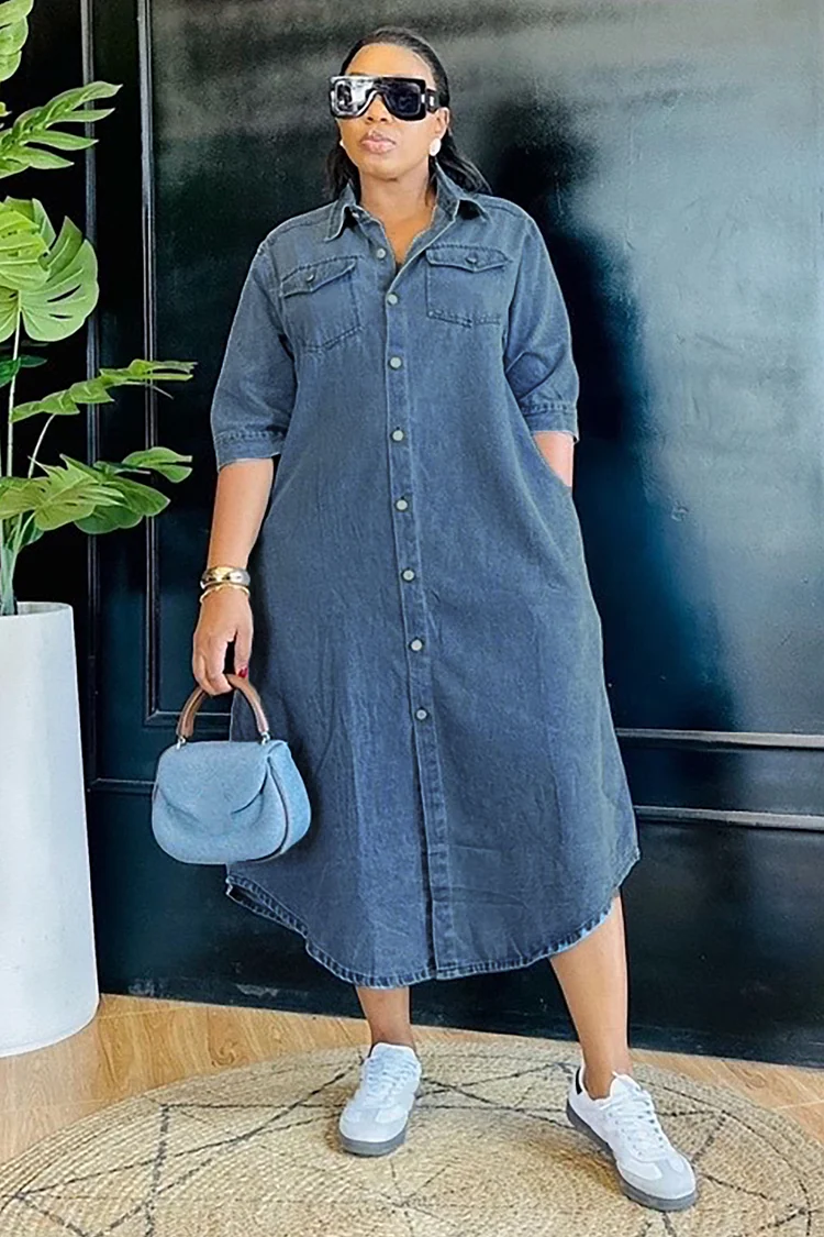Turndown Collar Half Sleeve Button Up Loose Fit Denim Midi Shirt Dresses-Blue