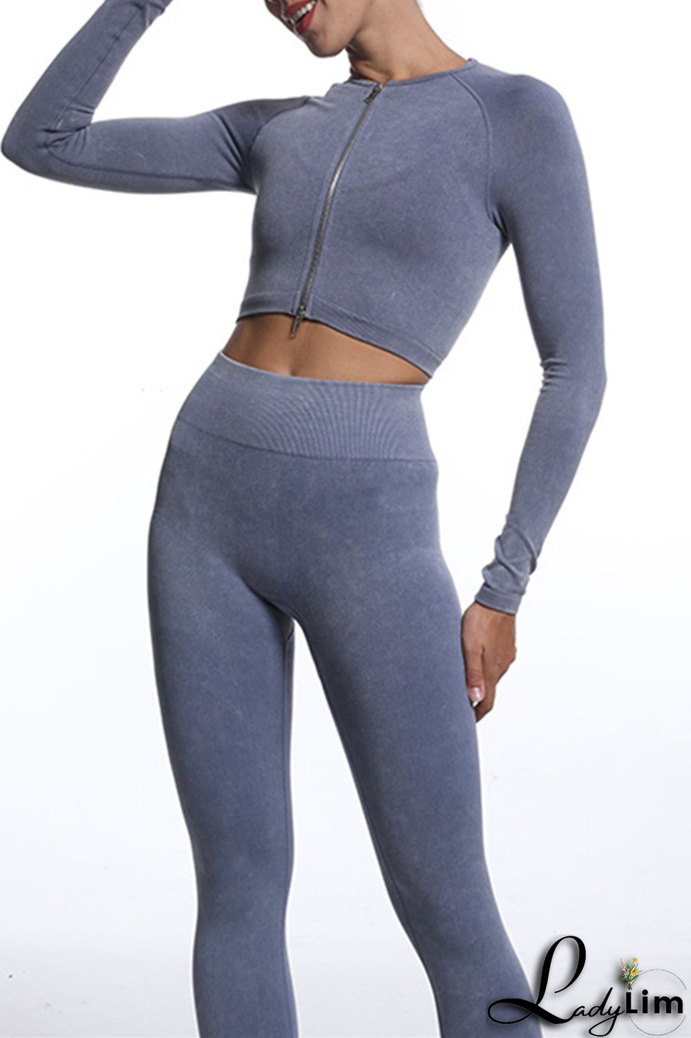 Blue Gray Casual Sportswear Solid Patchwork Zipper Long Sleeve Top And Trousers Two Piece Set