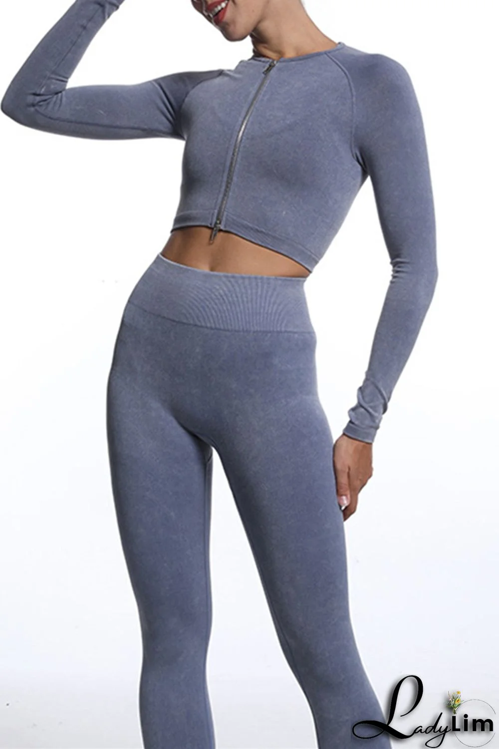 Blue Gray Casual Sportswear Solid Patchwork Zipper Long Sleeve Top And Trousers Two Piece Set
