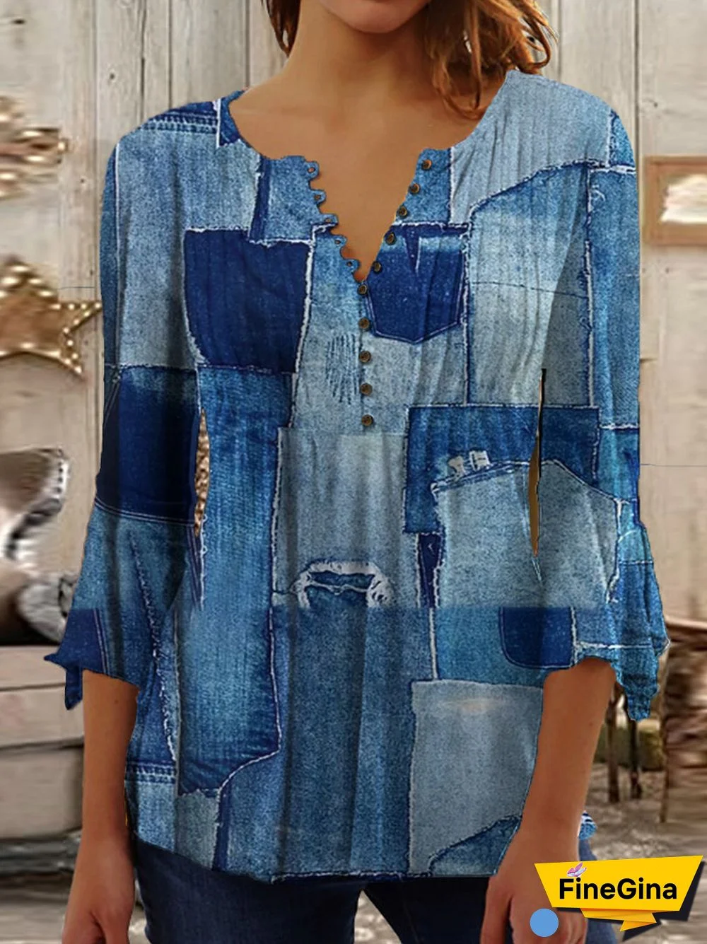 Women's 3/4 Sleeve V-neck Graphic Buttons Top