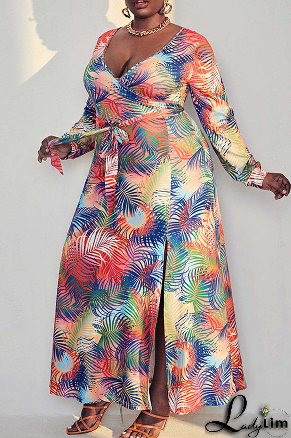 Multicolor Fashion Casual Print Bandage Split Joint V Neck Straight Plus Size Dresses