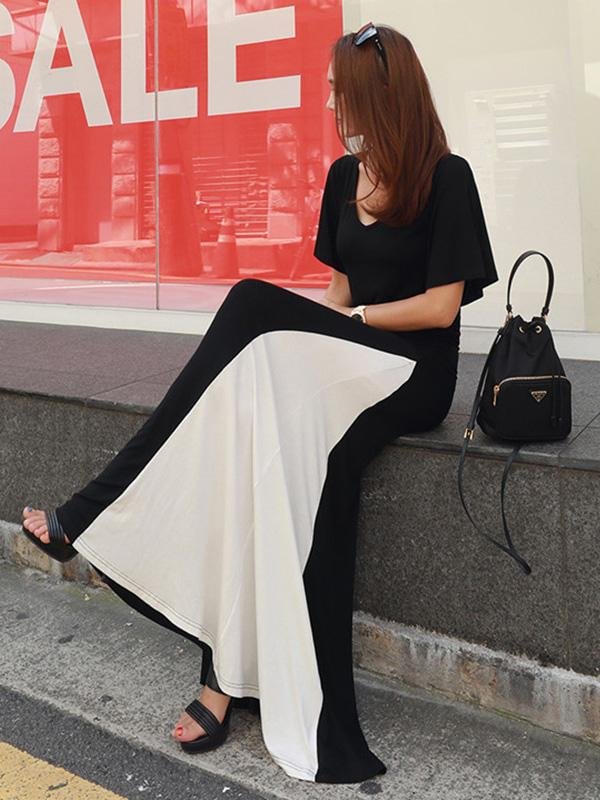 Black&White Split-joint V-neck Long Dress