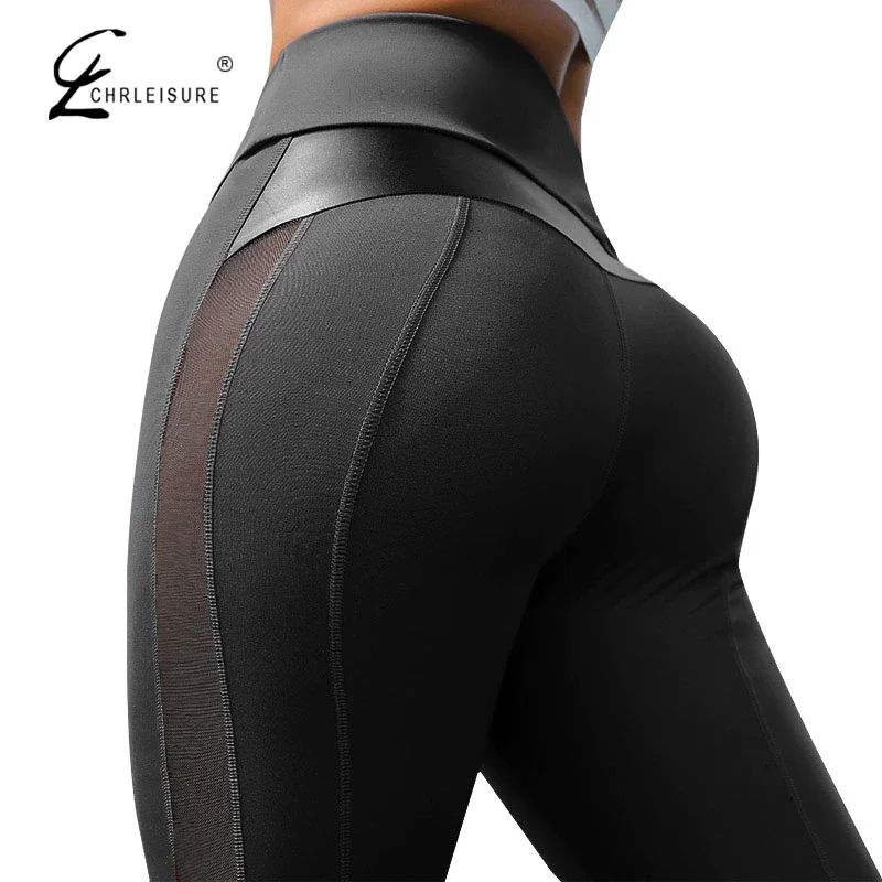 Billionm Mesh High Waist Fitness Leggings Women GYM Workout PU Leather Femme Patchwork Joggings Dropship