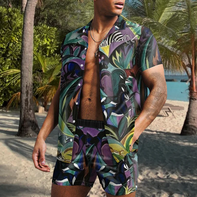 Men's Vintage Fall Leaves Print Shirt Two Piece