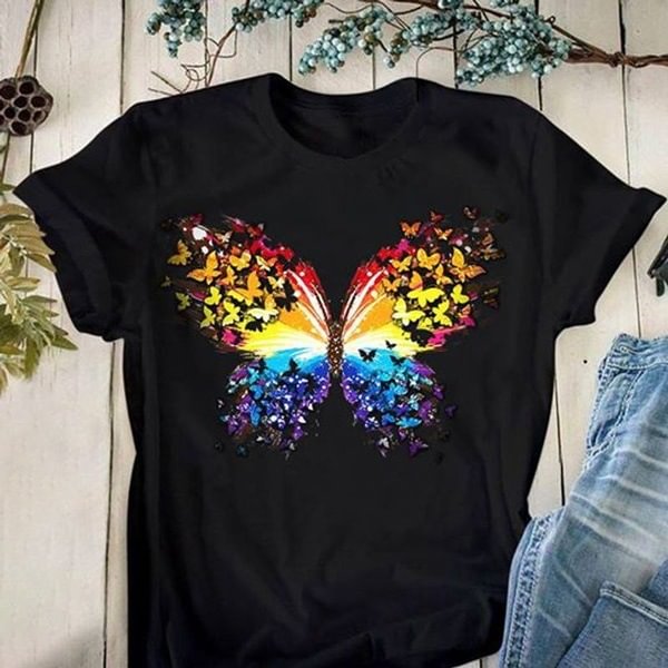 Fashion Butterfly Print Round Neck Short Sleeve T-Shirt
