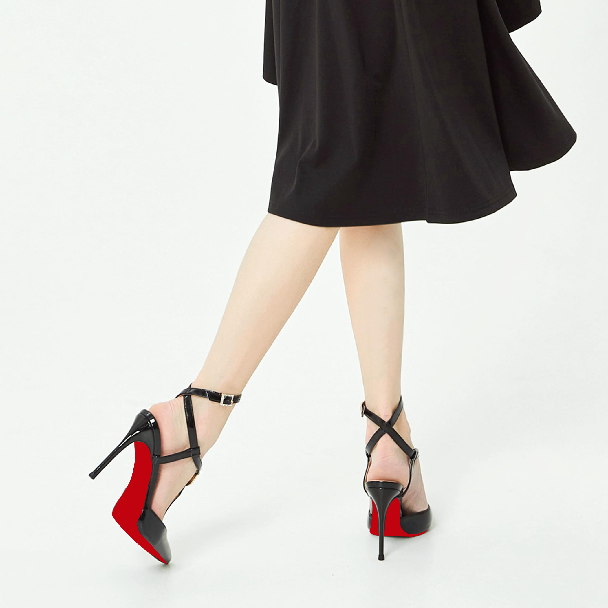 100mm Women Slingback Red Bottoms  Pumps Ankle Strap Jenlove Stiletto High Heel Diamond Close Pointed Toe Dress Patent Shoes-MERUMOTE