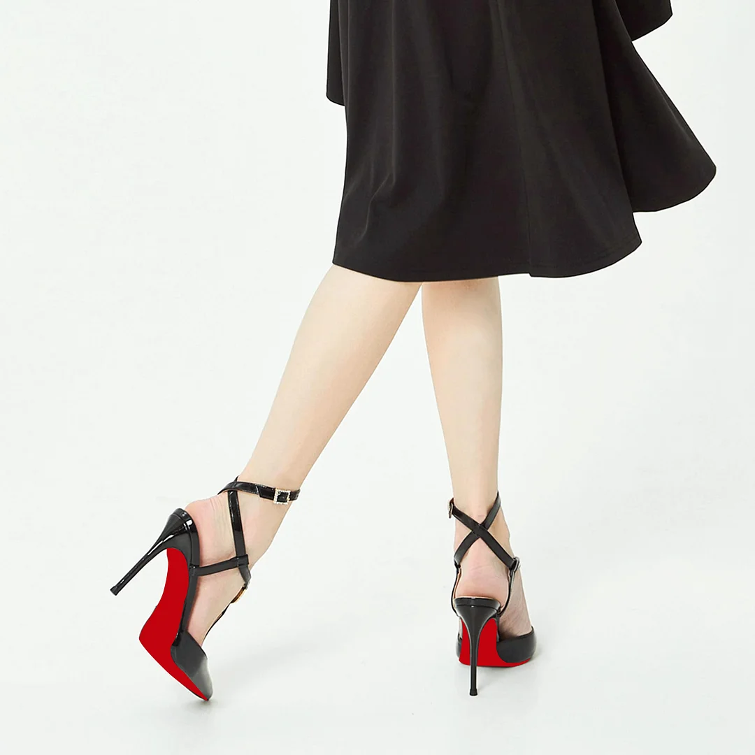 100mm Women Slingback Red Bottoms  Pumps Ankle Strap Jenlove Stiletto High Heel Diamond Close Pointed Toe Dress Patent Shoes-MERUMOTE