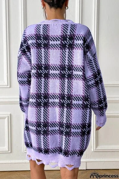 Plaid V-Neck Long Sleeve Sweater Dress