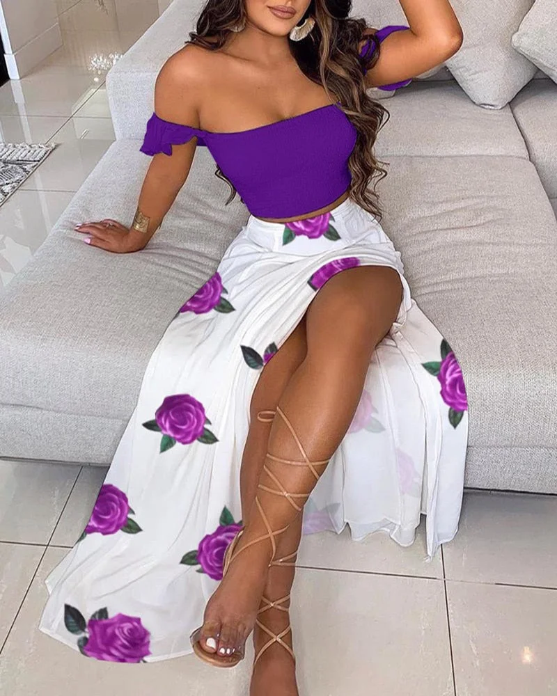 CM.YAYA Women Boho Elegant High Side Split Maxi Long Skirts Suit with Strapless Crop Tops Matching Two 2 Piece Set Outfits 2022