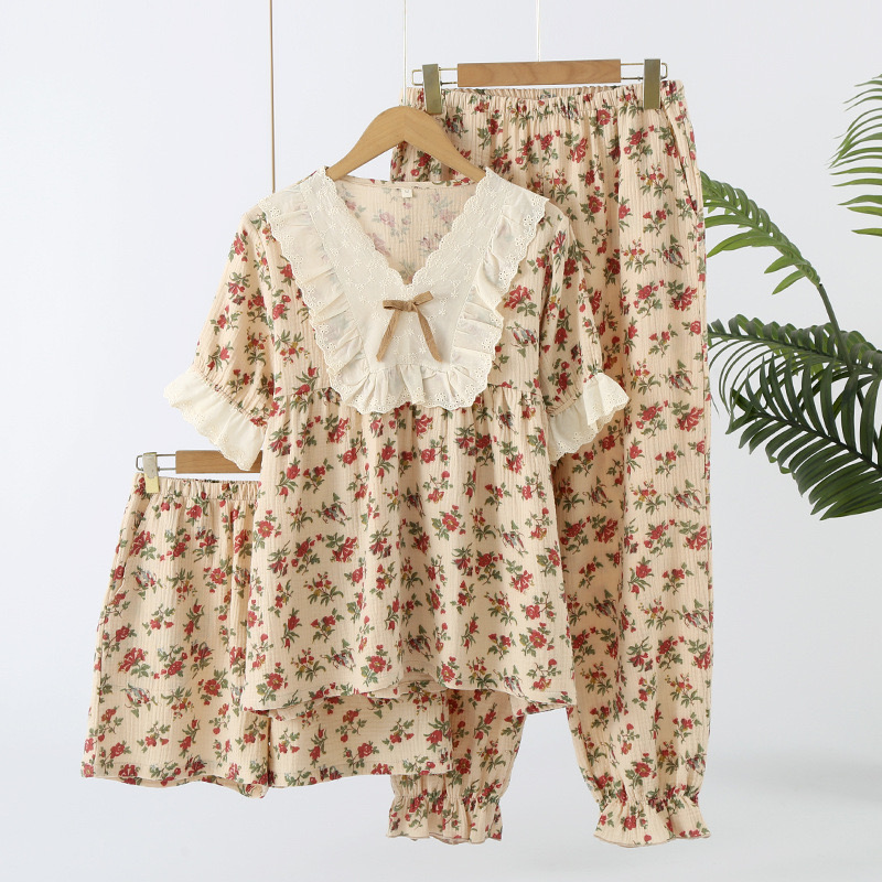 Maniros 100% Gauze Cotton Summer Women Pajamas 3 Pieces Set Female Sleepwear Bedroom Set Short sleeved long pants + shorts Woman PJs