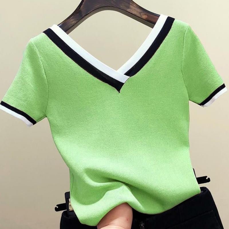 Contrast Color Striped Knitted 2021 Summer Top Shirt Woman Clothes V-Neck Short Sleeve Shirt Women Femme Camisetas Mujer 13362