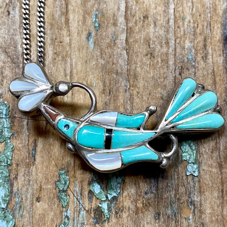 Zuni Turquoise Inlay Bird and Flower Pendant / Pin with Chain Necklace