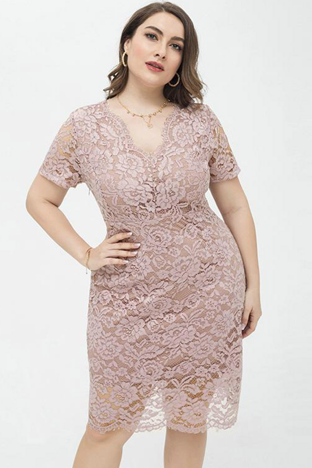 Plus Size Everyday Apricot Lace Short Sleeve Bodycon Midi Dress 2024 - Flycurvy 