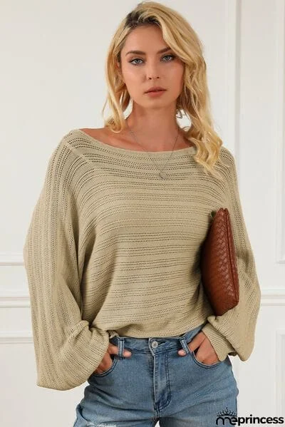 Openwork Boat Neck Lantern Sleeve Sweater