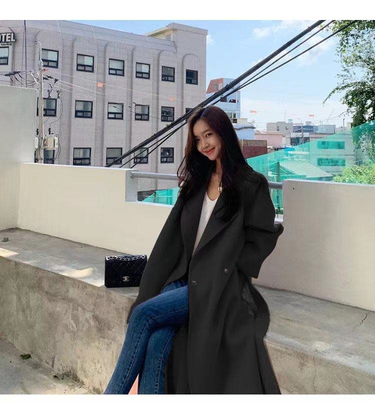 Autumn And Winter 2021 South Korea Ins Double-sided Cashmere Coat Women's Medium And Long Loose Side Slit Wool Tweed Coat