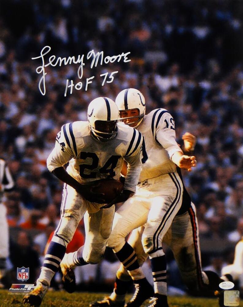 Lenny Moore Autographed Colts 16x20 PF Handoff with Ball Photo Poster painting w/ HOF-JSA W Auth