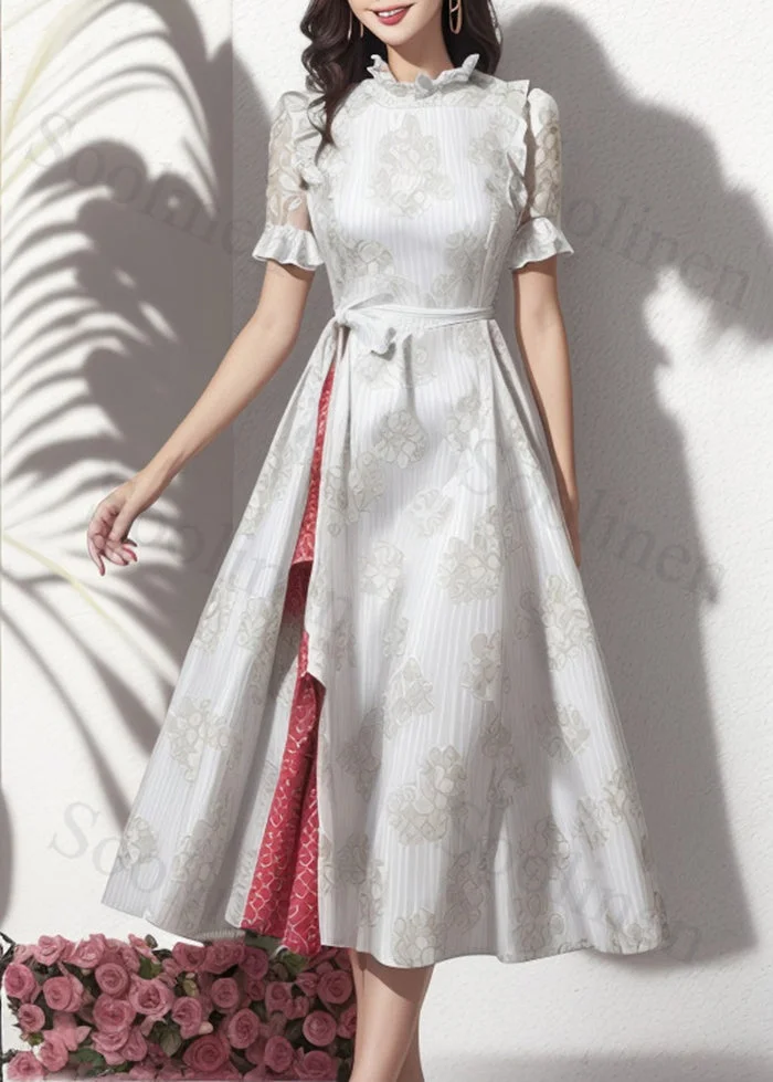 Italian White Ruffled Exra Large Hem Silk Cinched Dresses Summer