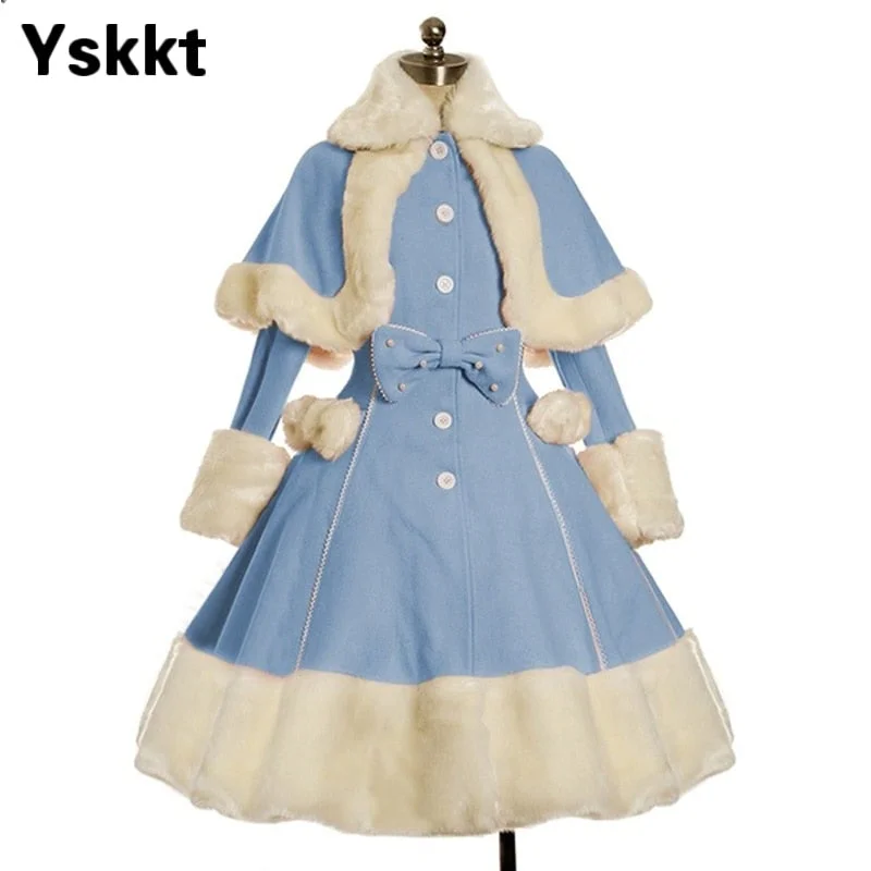 Yskkt Women Lolita Autumn Coat Warm Fur Collar Bowknot Dress Jacket Fashion Sweet Princess Breasted Overcoat Halloween Costume 119