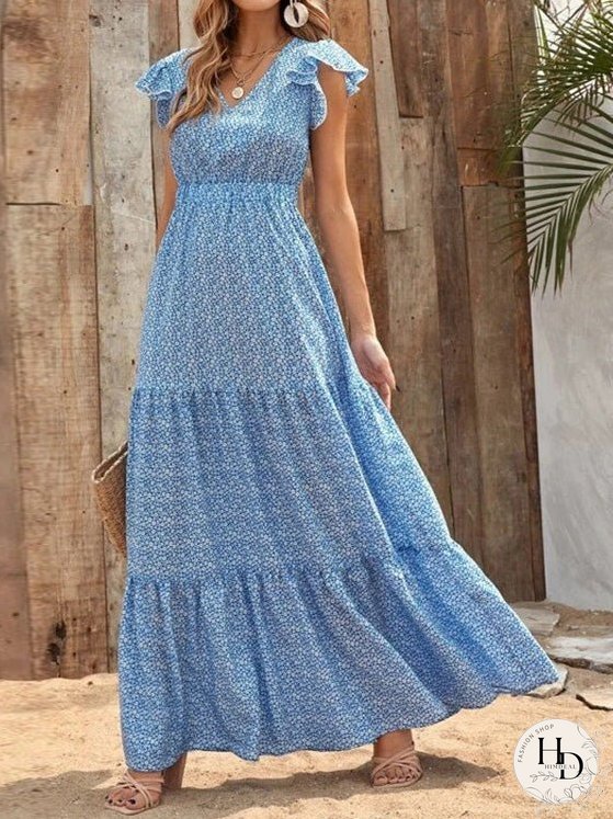 Dresses Floral V-Neck High Waist Ruffle Dress for Women