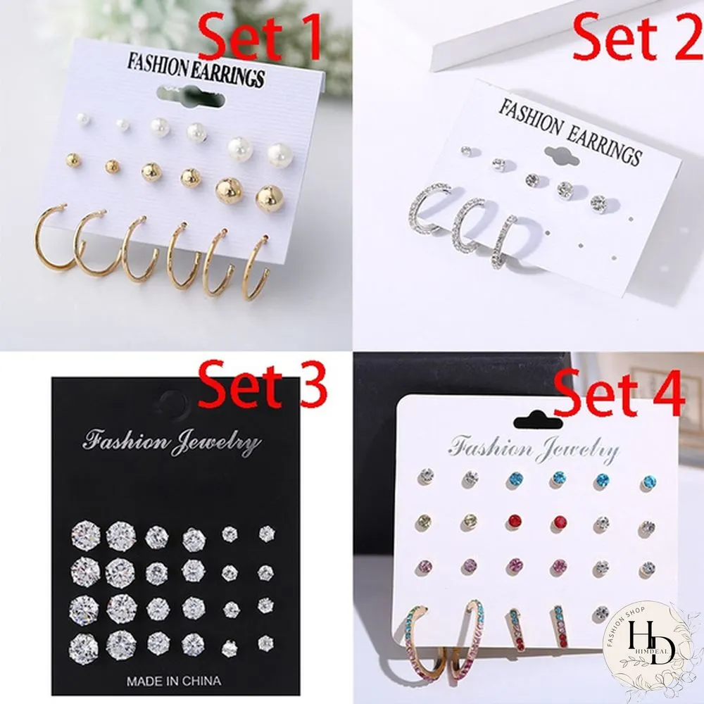 Pairs Flower Womens Earrings Set Pearl Crystal Stud Boho Geometric Tassel For Women