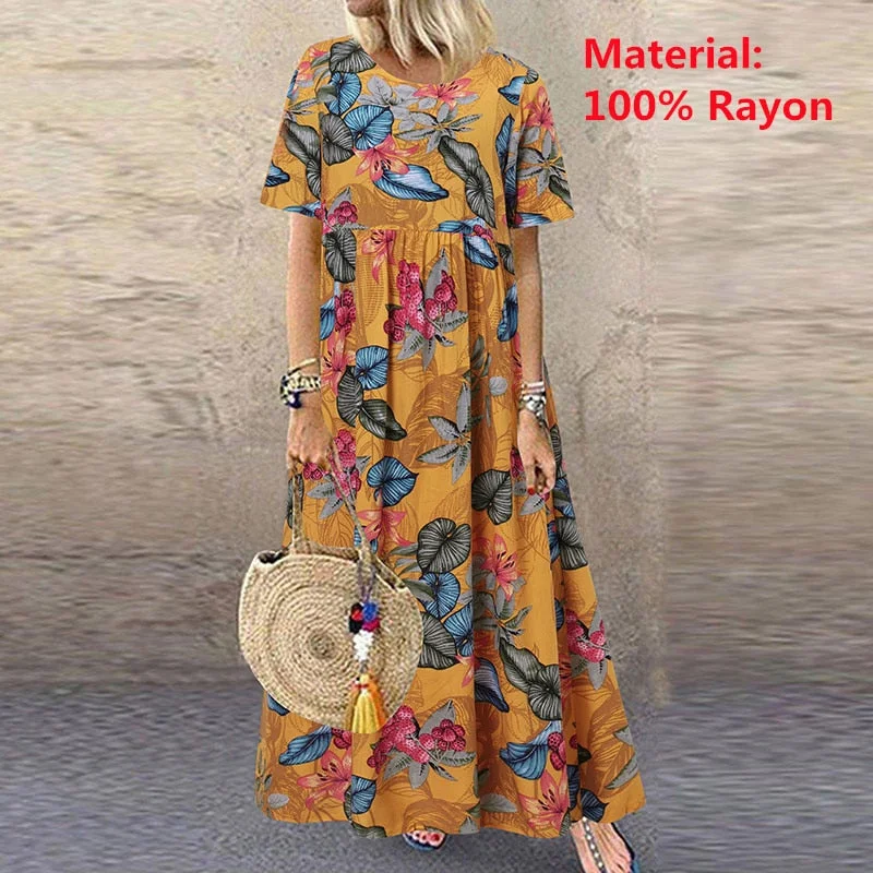 2022 ZANZEA Bohemian Holiday Sundress Summer Women Vintage Floral Printed Short Sleeve Beach Dress Loose Long Vestido Robe Femme