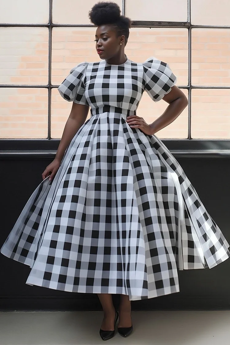 Xpluswear Design Plus Size Prom Black Plaid Round Neck Puff Sleeve Short Sleeve Pocket Vintage Maxi Dresses [Pre-Order] 2024 - Xpluswear
