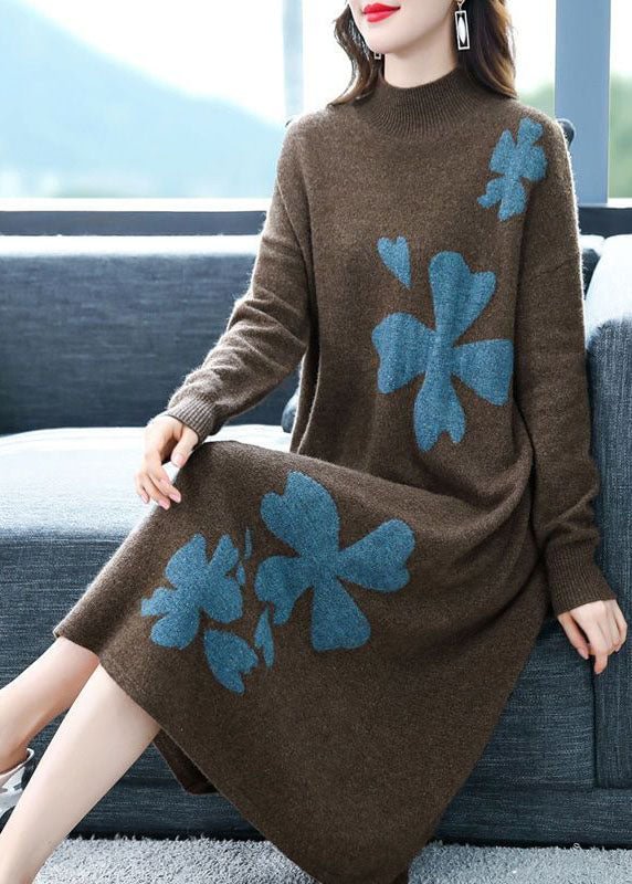 Coffee Cashmere Long Sweater Dress Stand Collar Embroideried Long Sleeve