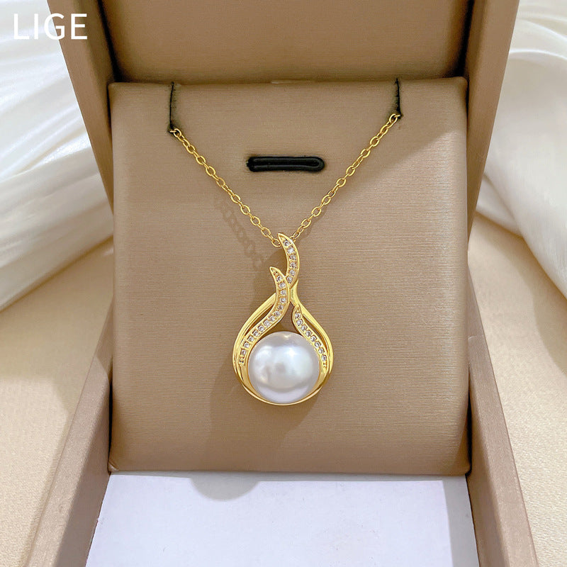 Fishtail Pearl Full Diamond Fashion Gorgeous Full Diamond Necklace Female Versatile Clavicle Chain Titanium Steel