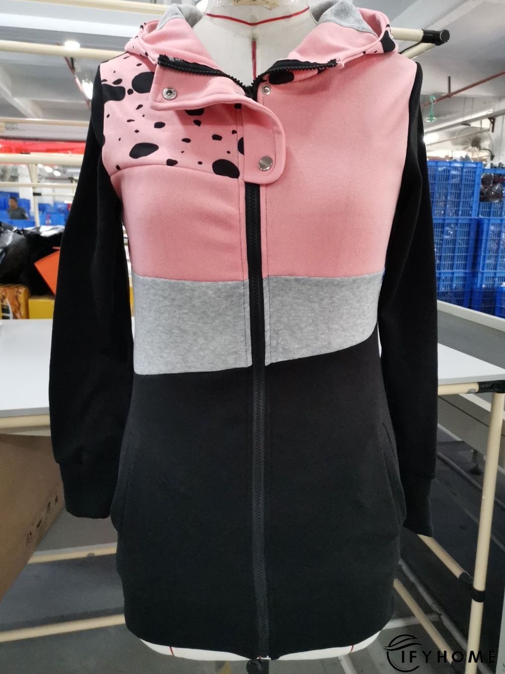 Pink Color-Block Cotton-Blend Long Sleeve Patchwork Knit coat | IFYHOME