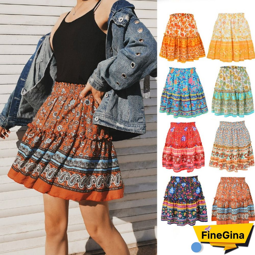 Women Fashion Casual Floral Short Skirts Summer High Waist Pleated Beach Skirt Beho Ruffle Dresses