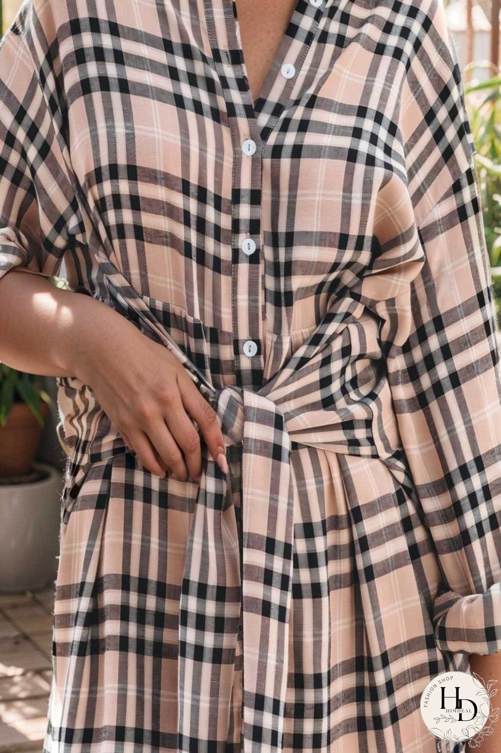 check print buttons lace up shirt dress