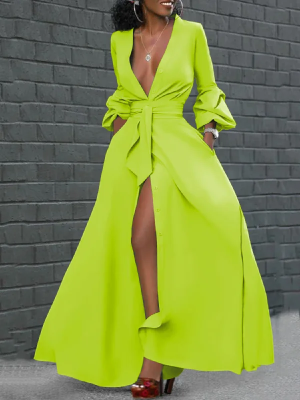 Puff Long Sleeves Buttoned Solid Color Deep V-Neck Maxi Shirt Dresses