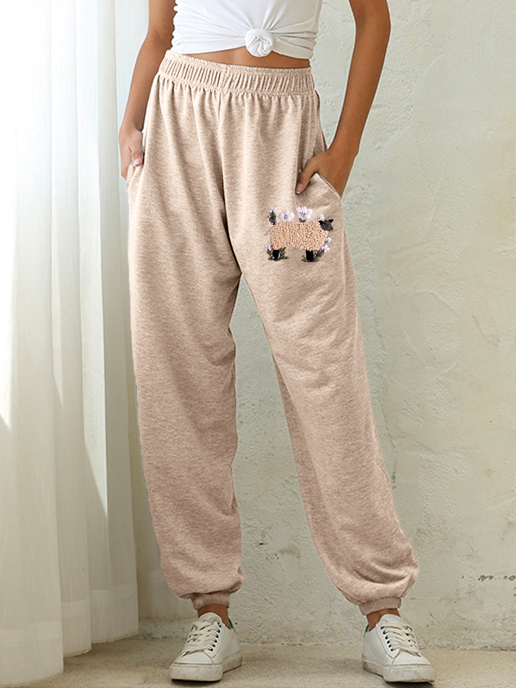 Sheep & Flower Embroidery Casual Sweatpants wearshes